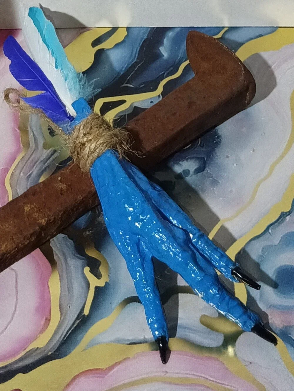 Blue Chicken Foot Amulet | Handcrafted Folk Art Talisman | Feather Curio